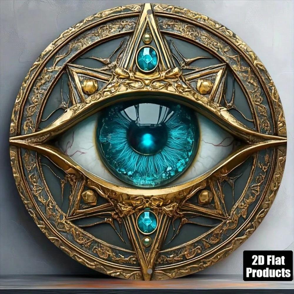 Blue Evil Eye Round Metal Wall Art Aluminum Home Decor Sign for Living Room Kitchen Bedroom Office Bar Cafe Protection