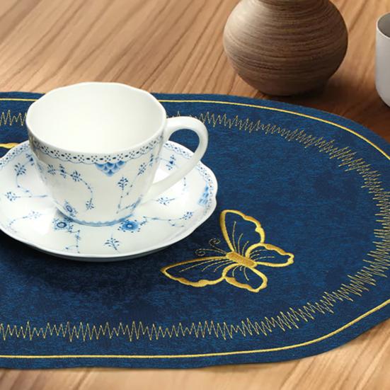 Linen Placemat Embroidery Butterflies Pattern Oval Heat-Resistant Stain-resistant Placemat Dining Accessories