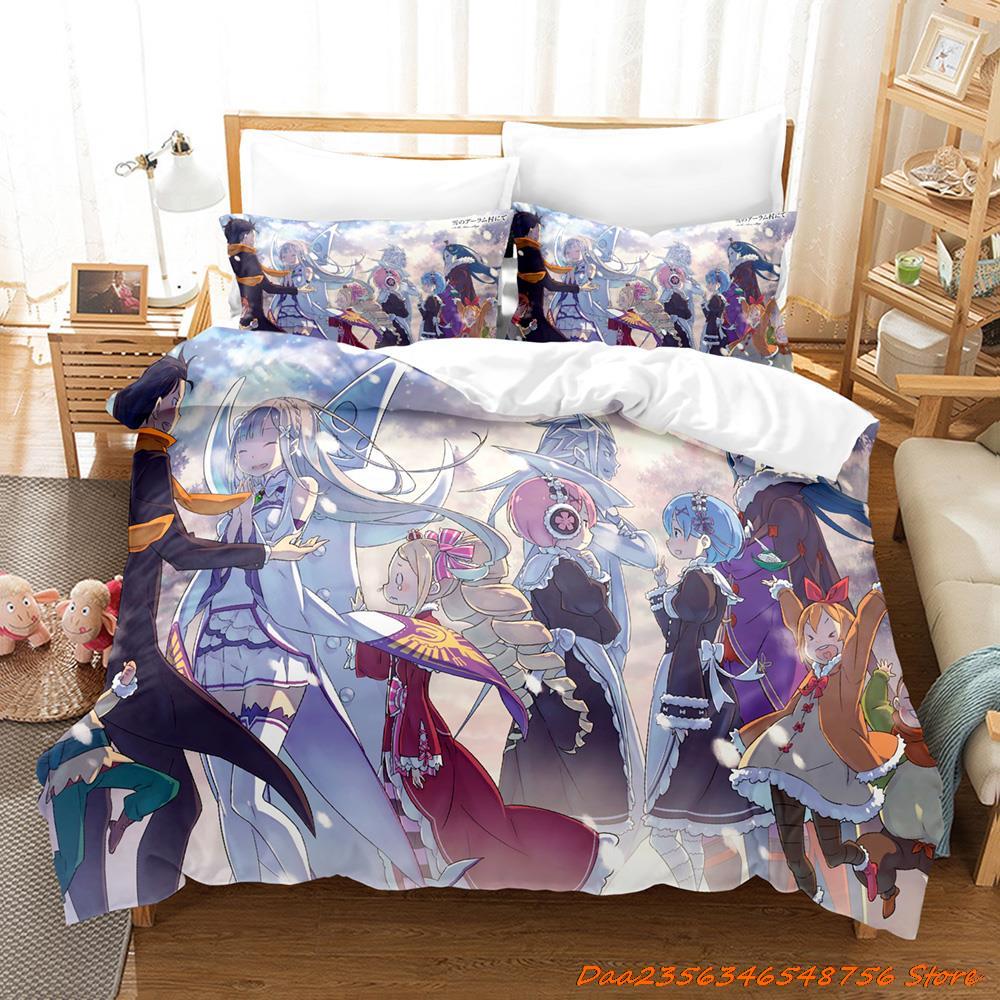 Comforter Re Zero Rem Ram Bedding Set Cartoon Anime Three-Piece Set Adult Kid Bedroom Duvet Sets 3D Kawaii Girl Twin Set