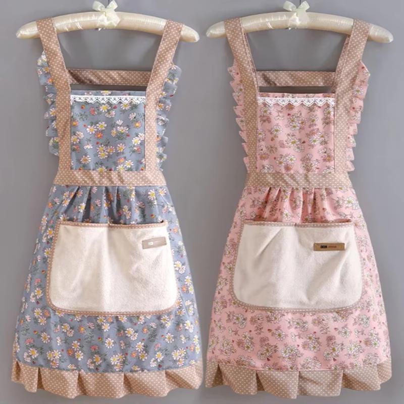 1PC Female Lovely Floral Canvas Apron Kitchen Oilproof Anti Fouling Cooking Apron with Pocket Adjustable Workwear Apron