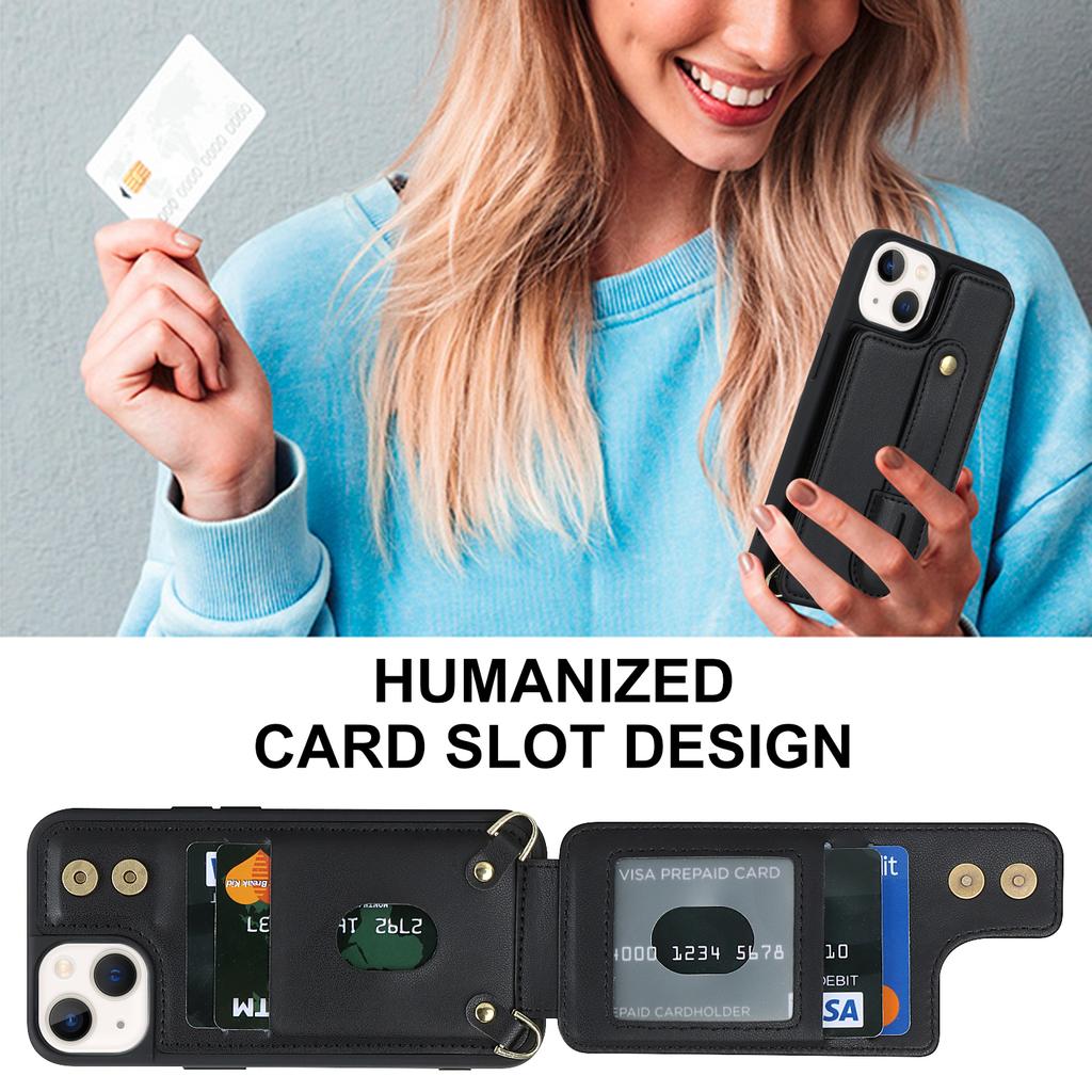 Card Holder Shell for iPhone 15,Kickstand Case PU Leather Coated TPU Phone Cover with Shoulder Strap