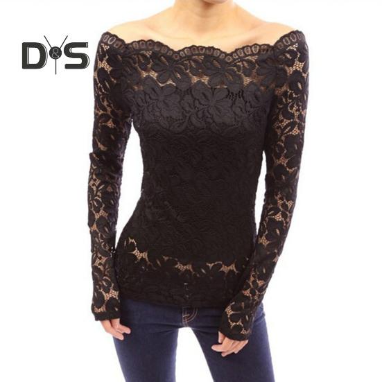 Bluzki damskie z kołnierzykiem skośnym, długimi rękawami, koronkowa koszula, koronkowe łączenie, jednolity kolor, dopasowany krój, haftowane koronkowe kwiatki