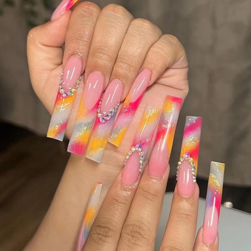 French Style Gradient Press-On Nails With Crushed Glitter Rhinestones Long Wearable Artificial Nail Tips