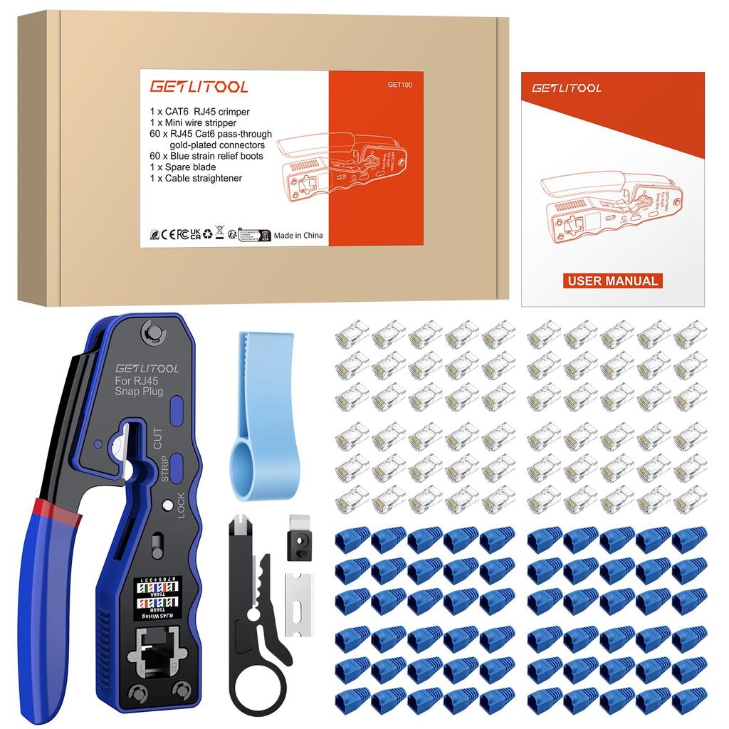 GETLITOOL RJ45 Crimping Tool, CAT5, CAT6, CAT6A Compatible, Dedicated for Crimping Ethernet Cables, 8-Pin Connector Compatible, 60-Pack Pass-Through R