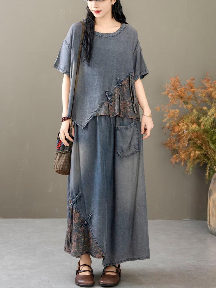 

AmaxluluE Summer Suits Women Chinese 2 Pieces Sets Casual Printed Denim Outfits Luxury Vintage Tops Big Size Elegant Skirts One Size синій