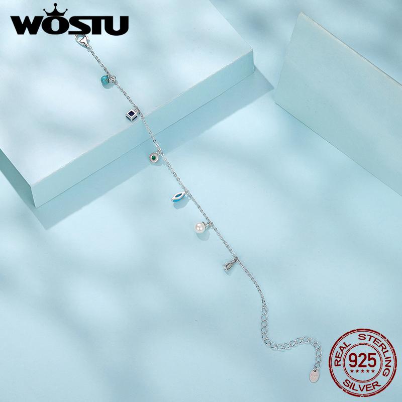 WOSTU 925 Sterling Silver Multi-Stone Bracelet Pearl Opal Turquoise Beaded Chain Boho Colorful Jewelry Gift for Women
