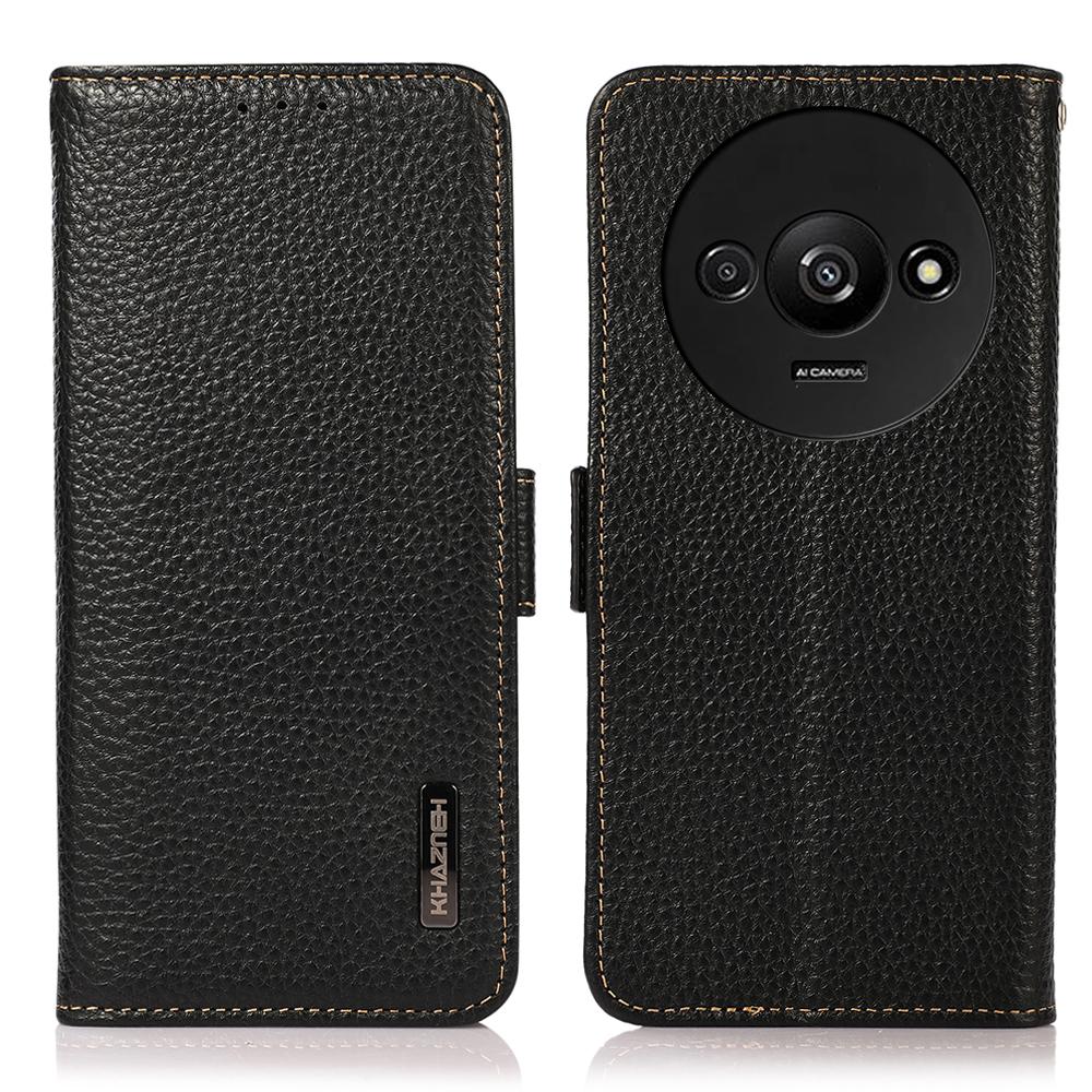 KHAZNEH Voor Xiaomi Redmi A3/Poco C61 4G Magnetische Mobiele Telefoonhoes Echt Koeienleer RFID-Blokkerende Hoes