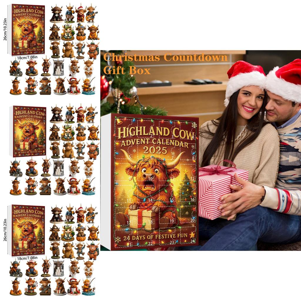Highland Cattle Christmas Countdown Calendar Acrylic Ornament Set For Festive Decor And Gifts