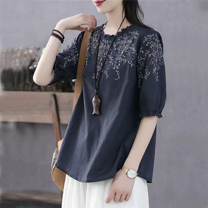 Women's 2024 Spring/Summer Ruffle Top - Short Sleeve, Loose Fit, Round Neck for Middle-Aged and Elderly Fashion