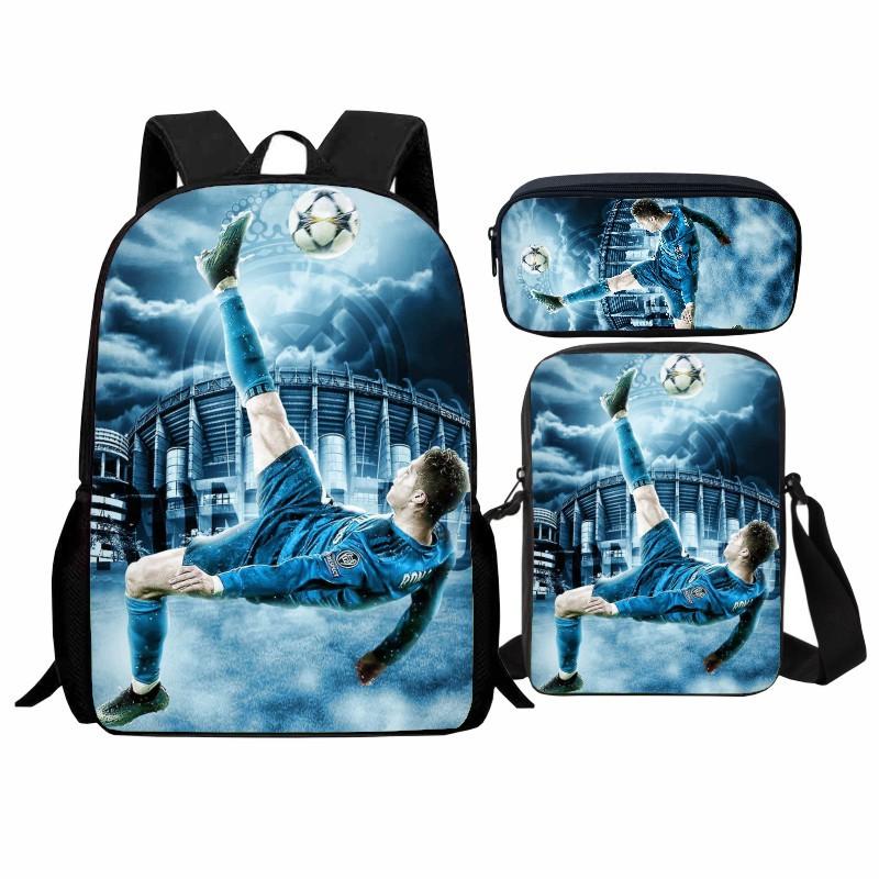 Printed Football Star Student Schoolbag Three-piece Set, Casual Cr7 Backpack, Messenger Bag, Pencil Bag, Men and Women