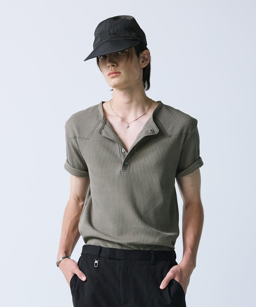 SSY Western York Waffle Henley Neck Half Sleeve Olive Khaki