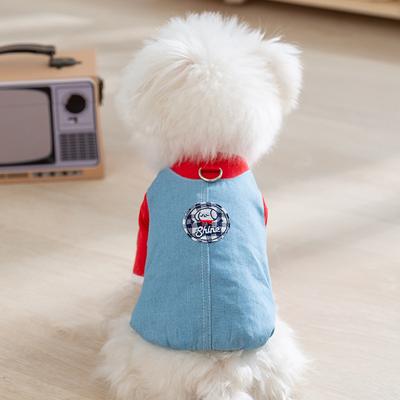 New Denim Fake Two-piece Traction T-shirt, Puppy Dog Contrasting Color Bi Xiong Pomeranian Small Dog Pet Clothes Spring and Summer