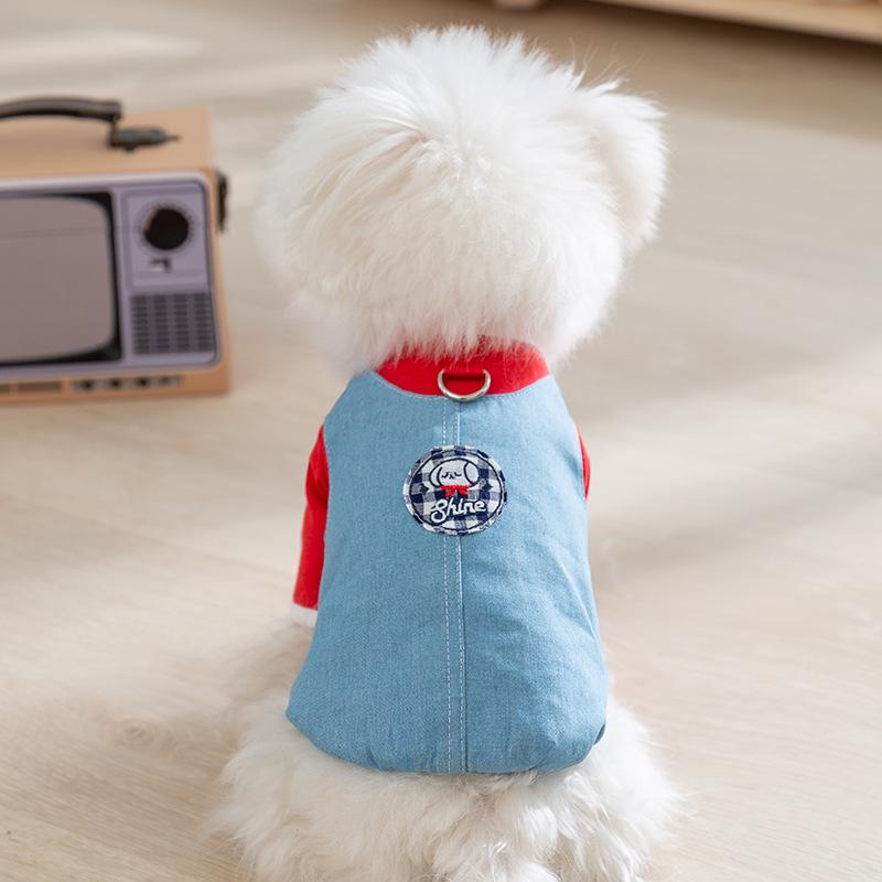 

New denim fake two-piece traction T-shirt, puppy dog contrasting color Bi Xiong Pomeranian small dog pet clothes spring and summer XXL (recommended weight 15-10kg)