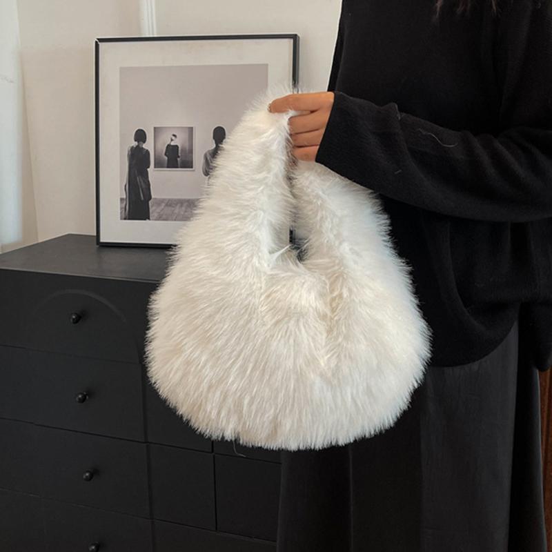 Luxury Soft Plush Half Moon Bag Faux Fur Fluffy Lady Handbags Female Winter Purse Party Clutch Bag Casual Tote Bag