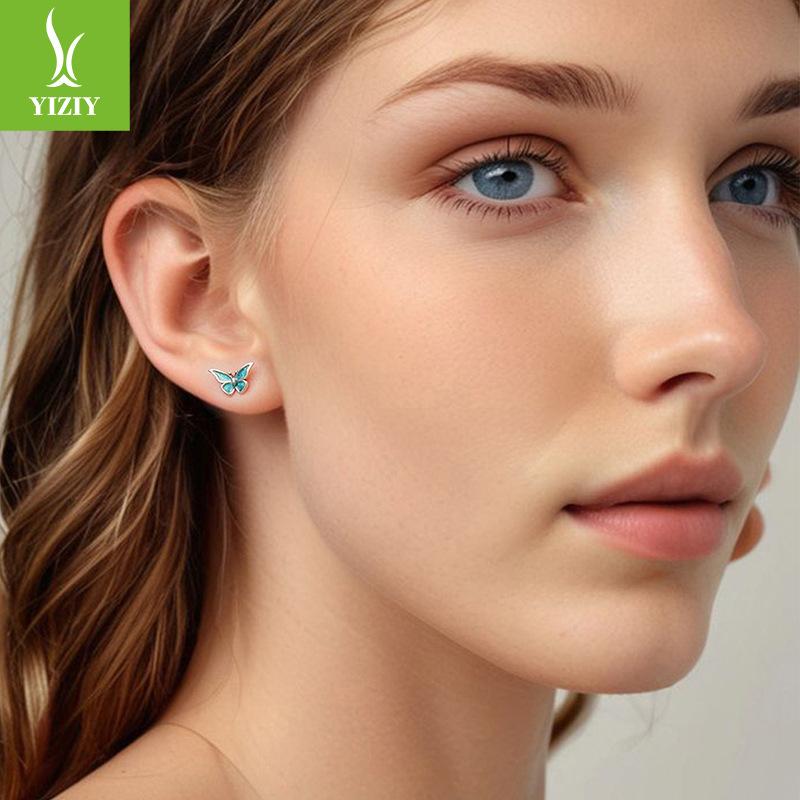 S925 Sterlingsilber Blaue Schmetterling Kleine Ohrstecker Damen Traum Kleine Frische Insekten Ohrstecker