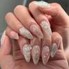 24Pcs Sweet Pink Almond Fake Nails Stiletto Pink Bowknot French Cute Pearl Bows Fake Nails Girls Women Wearable Manicure