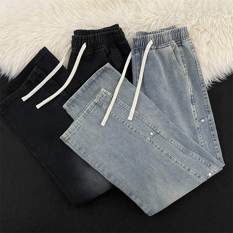 

Unisex Retro Patchwork Washed Denim Jeans - Loose Straight-Leg Flare Pants for Autumn/Spring Streetwear. S: 155-165CM (75-90jin) синій