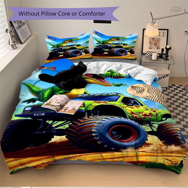 3pcs Dinosaur Monster Truck Home Bedding Set-Universal Three-Piece Suit for Bedroom, Guest Room, Living Room, Hotel-Perfect Holiday Gift for