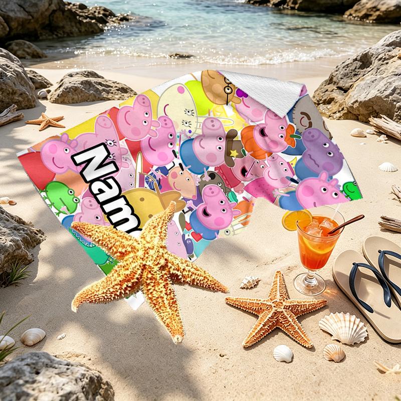 Custom Name Personalized Pink Pig Print Beach Towel, for Trip Camping Beach Party Home Decor, Birthday Gift for Family & Friends