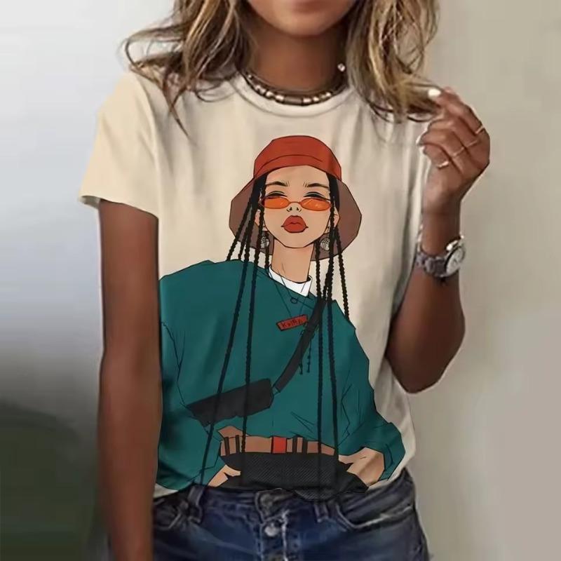 Women's T-shirt 3D Printed Casual Short Sleeved Cartoon Girl Pattern Print O-Neck Top Fashionable Street Women's Clothing