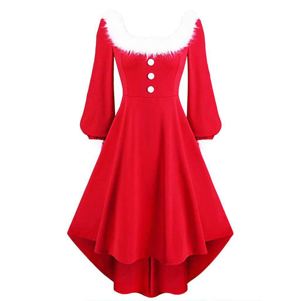 Women's Christmas Costume Red Button-up Long-sleeved Knitted Plush Princess Dress