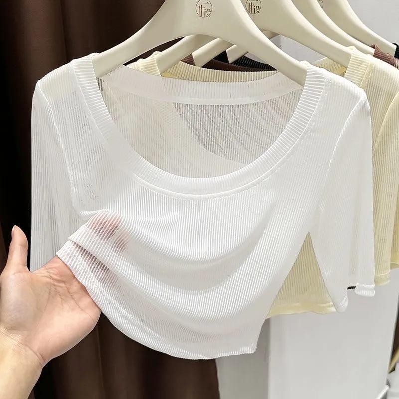 Women s U-Neck Faux Two-Piece Sheer Mesh Ribbed Crop Top S