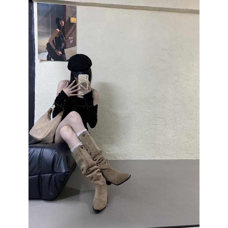 

Взрывные 2025 остроносые ботфорты на высоком каблуке, женские новые осенне-зимние матовые замшевые ботфорты с тонким голенищем, рыцарские ботфорты 39