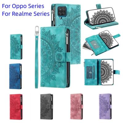 For Oppo/Realme All Series Oppo A7,Reno5,A94,C21Y,A52,A72,Narzo 50A...Embossed Design Flip Leather Zipper Wallet Handbag Case Cover