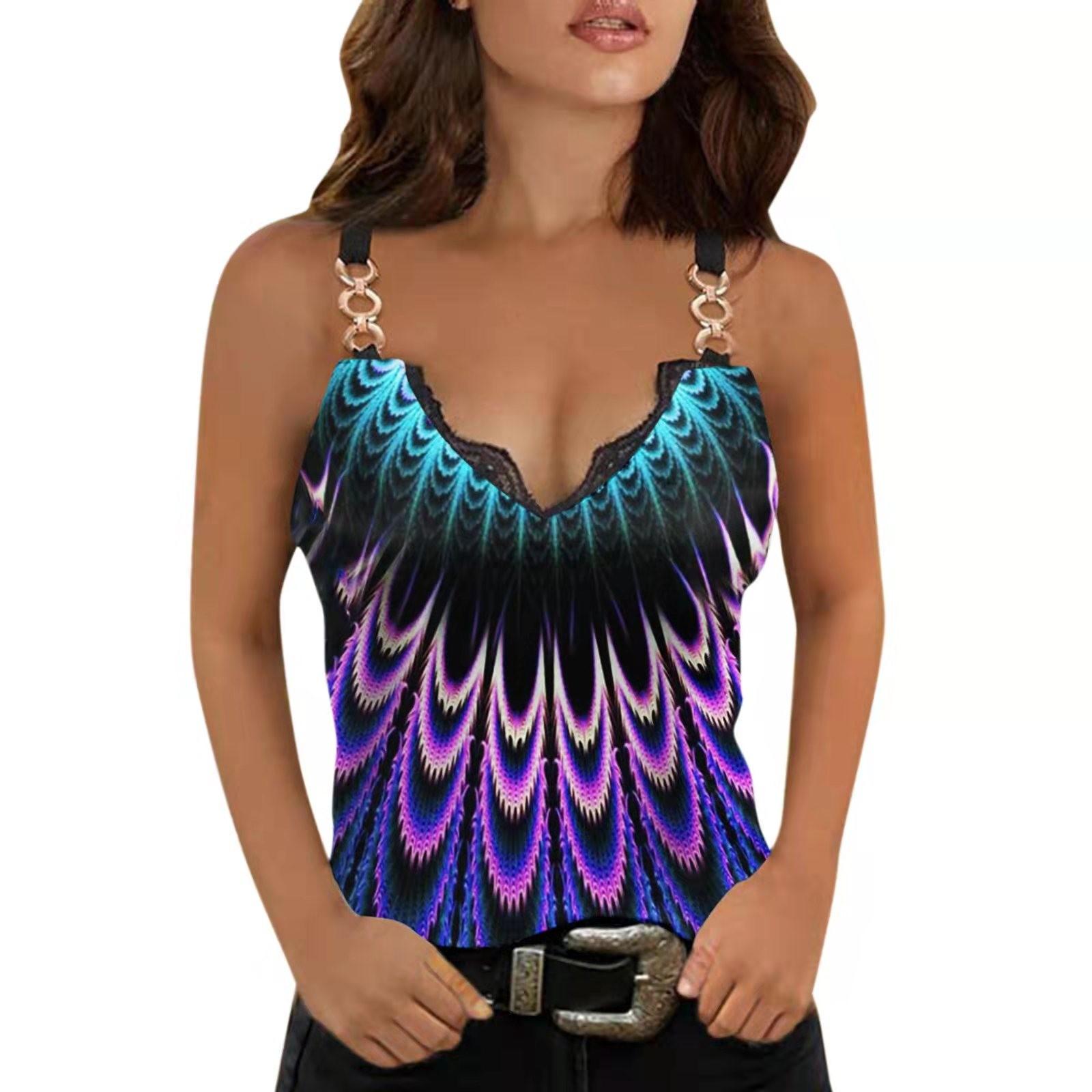 Women s Casual T-shirt Colorful V-neck Pullover Sleeveless Backless Top M