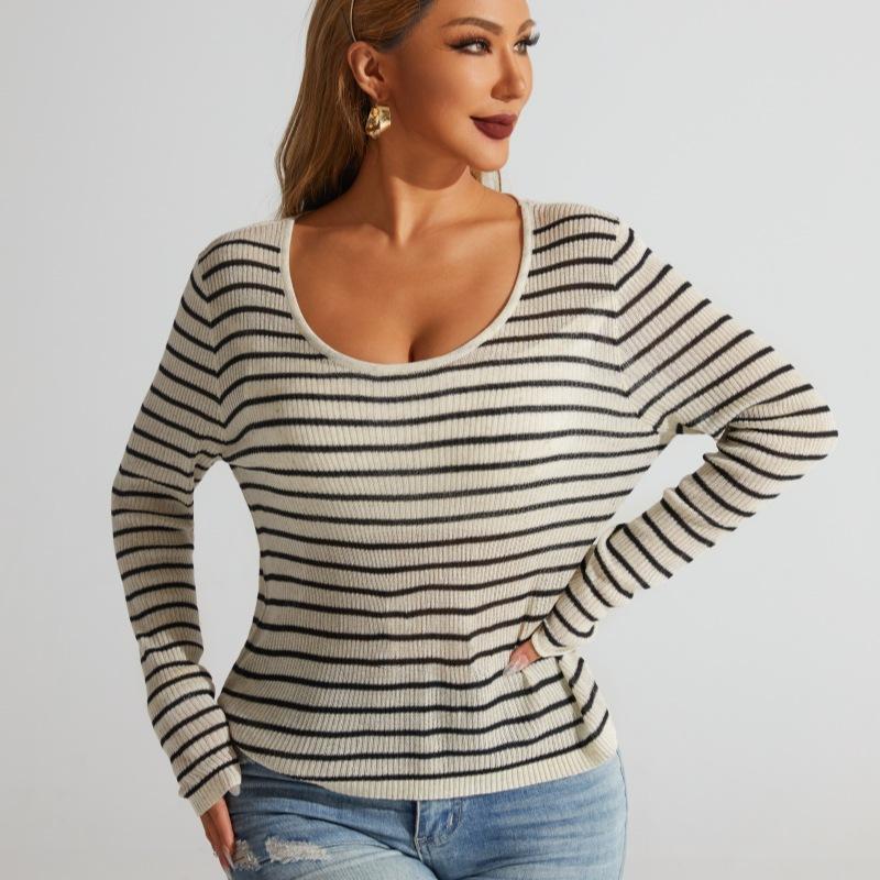 Women's Spring and Autumn Slim Slim Round Neck Long Sleeved Striped Sweater Knit Temperament Top