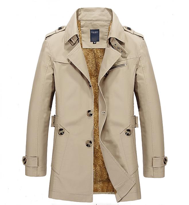 Men's Washed Cotton Fleece-Lined Mid-Length Trench Coat - Casual Autumn/Winter Outerwear