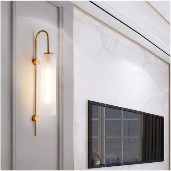 Mid-Century Modern Wall Sconce, Frosted Gray Glass & Gold Long Arm Wall Light, E26 Base, for Bedroom, Living Room(White)