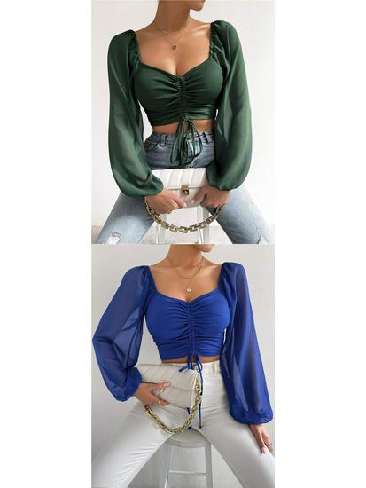 Summer V-Neck Chiffon Lantern Sleeve Drawstring Top