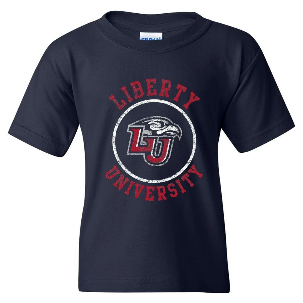 Liberty University Flames Distressed Circle Logo College Youth T-Shirt - Navy