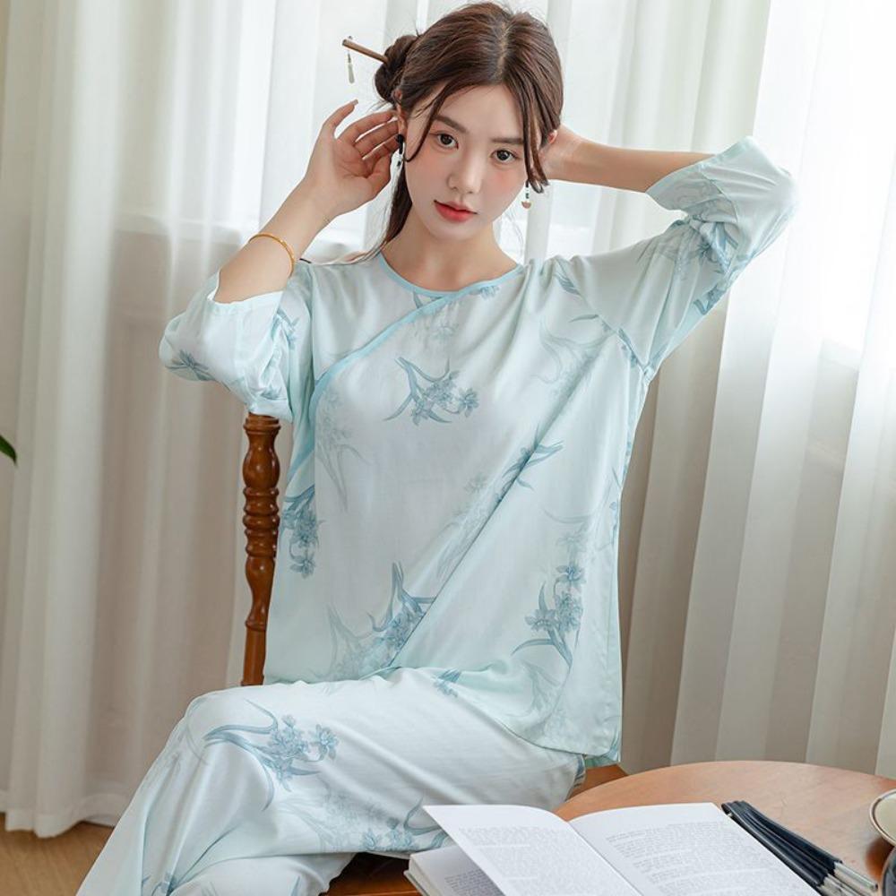 

Новая весенне-осенняя пижама с длинным рукавом для женщин, новая китайская милая пижама в древнем стиле, пуловер с круглым вырезом, комплект домашней одежды для студенток XL темно-синий