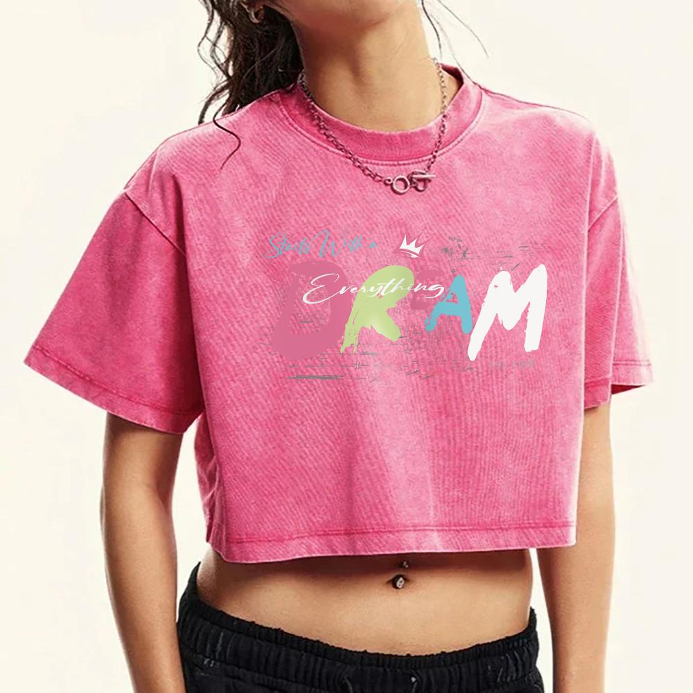 Starts With A Dream Graffiti Printing Womens Washed Slim T Shirt Retro Fitness T Shirts Cotton Casual Fashion Cool Tee