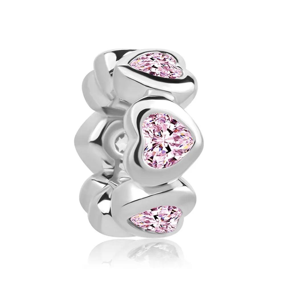 New Shining Zircon Love Heart Spacer Bead 925Silver Pendant for DIY Bracelet Flower Charm Women Jewelry Making