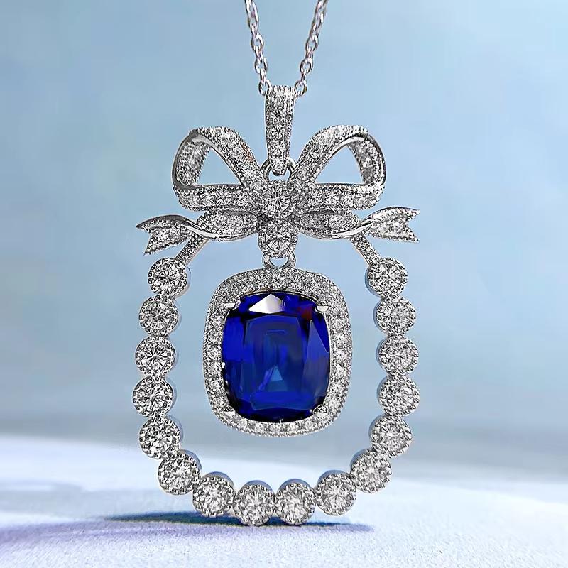 2023 New 925 Silver Necklace Sapphire 10 * 12 Pendant Women's European and American Heroes Set Live 2a Zircon Wedding Jewelry