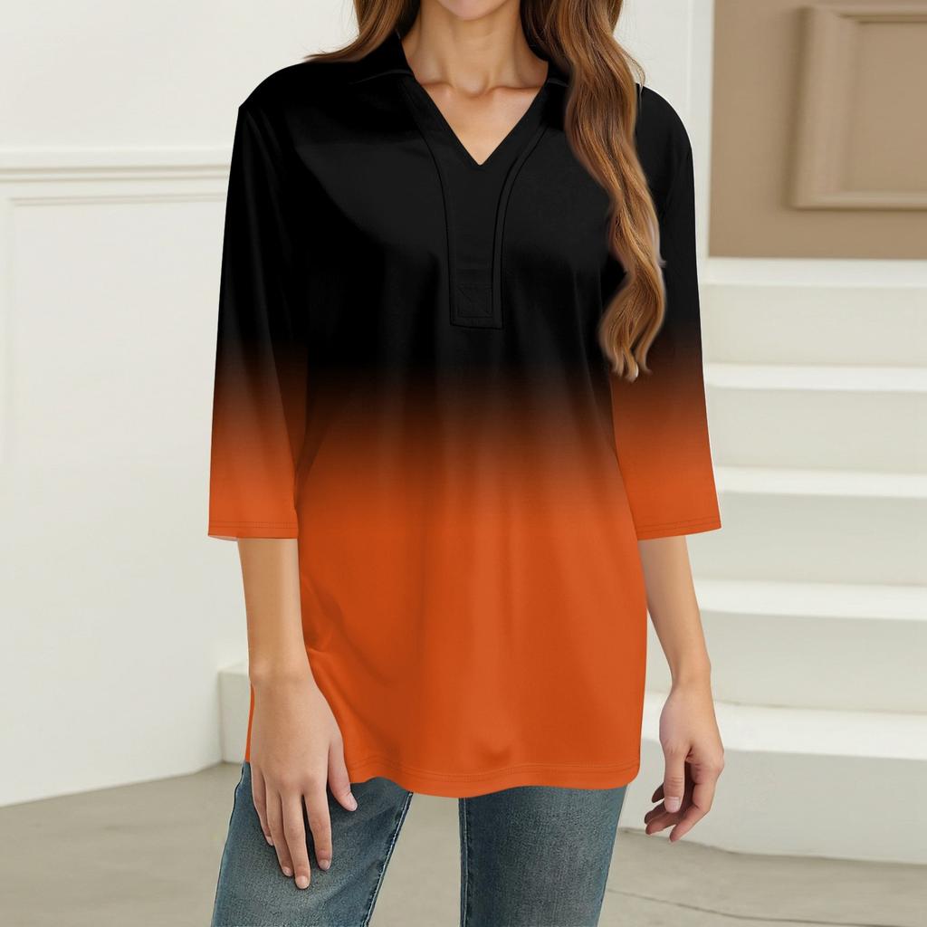 Women's Fashion Casual Lapel 3/4 Sleeve Print Shirt Women's V-Neck Tops