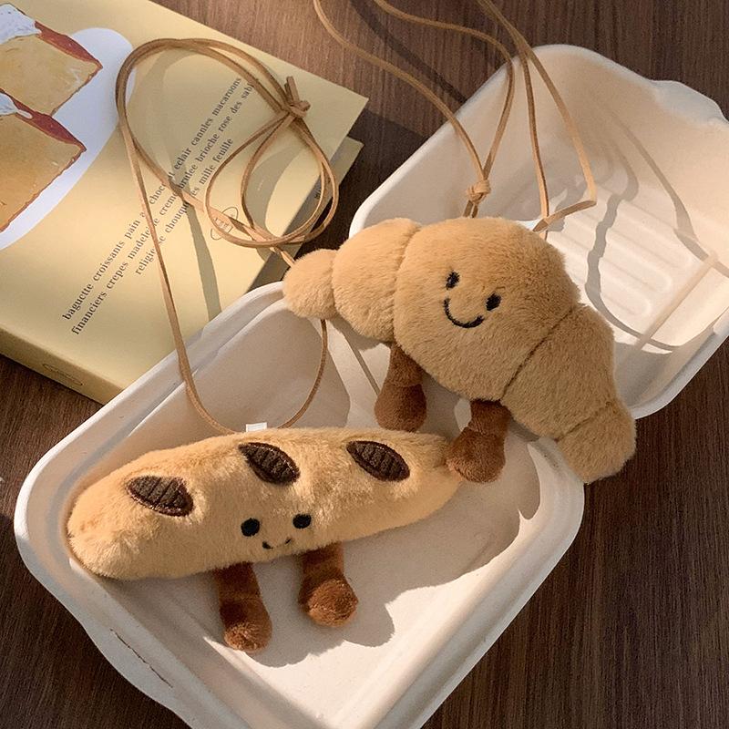 Plush croissant smiley face leather necklace cute bread sweater chain fashion personality design sense necklace women