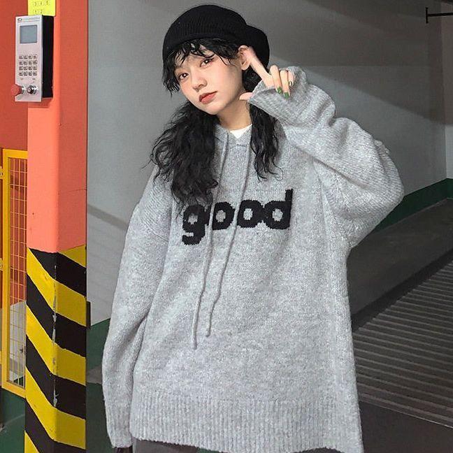 

Женский японский ретро-худи в ленивом стиле - Мягкий вязаный топ с надписью для весны/лета S (under 100 jin)