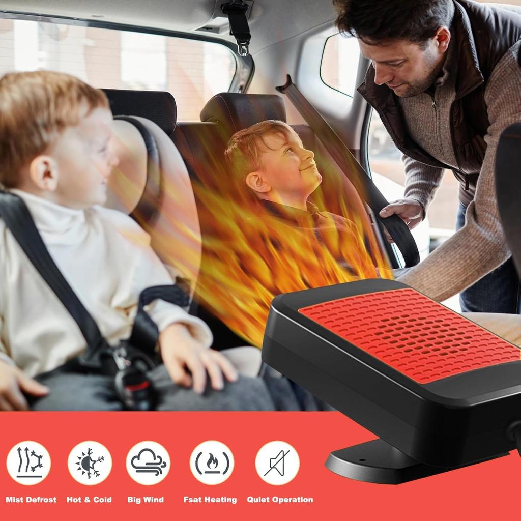 Tragbarer 12V 200W Autoheizlüfter & Entfroster, 2-in-1 Schnellheiz-/Kühlgebläse mit 360° Drehung (rot)