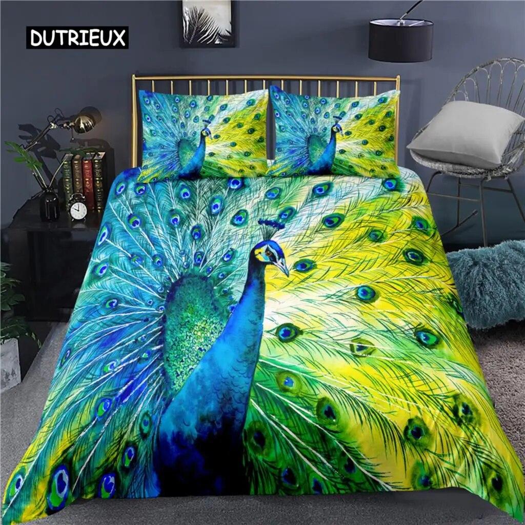 Peacock Duvet Cover Plum Blossom Decor Bedding Set King Size Crane Peacock Feather Floral Pattern Romantic Polyester Quilt Cover  Three-piece Set