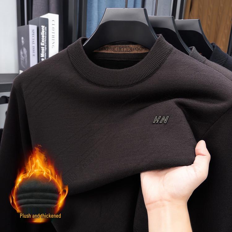 

Woodpecker Men s Plus Velvet Knit Sweater - Warm, Casual, Solid Color, Round Neck, for Autumn/Winter XL кавовий