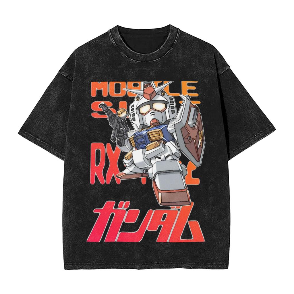 Harajuku Washed Shirts MOBILE SUIT GUNDAMs Manga Anime Merch Retro T Shirt Oversize Streetwear Cotton Tee Shirt