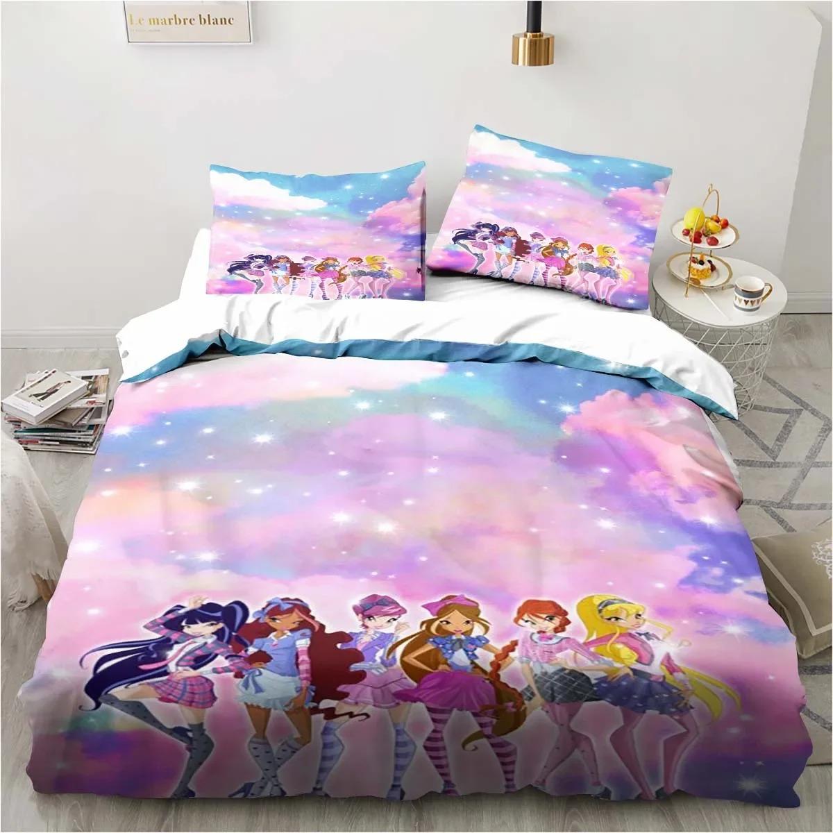 

Kawaii Аніме Вінкс Набір постільної білизни Ліжко Ліжко з трьох предметів Односпальне двоспальне ліжко розміру King Size Комплект ліжок для дорослих, дитяча спальня, набір підодіяльників, дитячий подарунок 70x133cm 2pcs