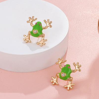 1/2 Pairs Frog-Shaped Earrings Sparking Rhinestones Inlaid Cartoon Enamel Alloy Ear Clips Jewelry Accessories