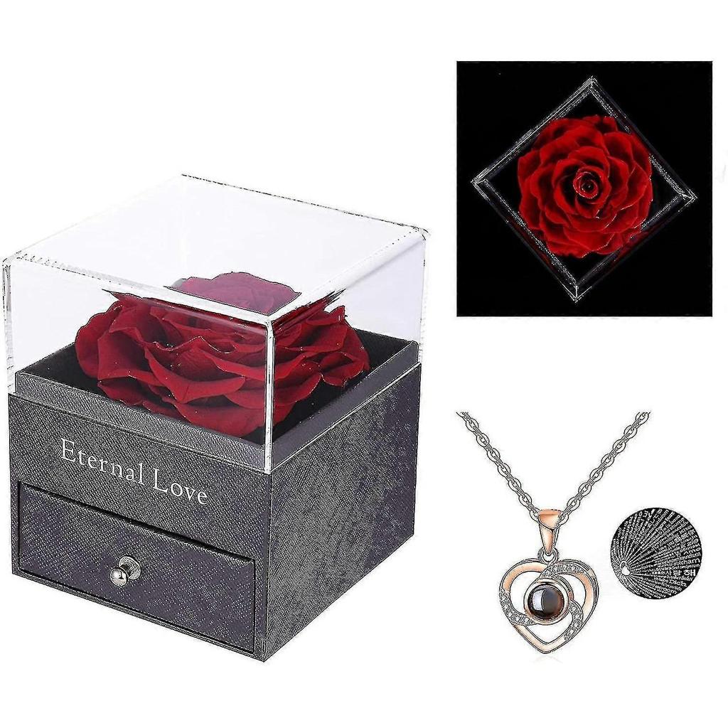 Preserved Real Rose With Love You Necklace In 100 Languages Gift Set