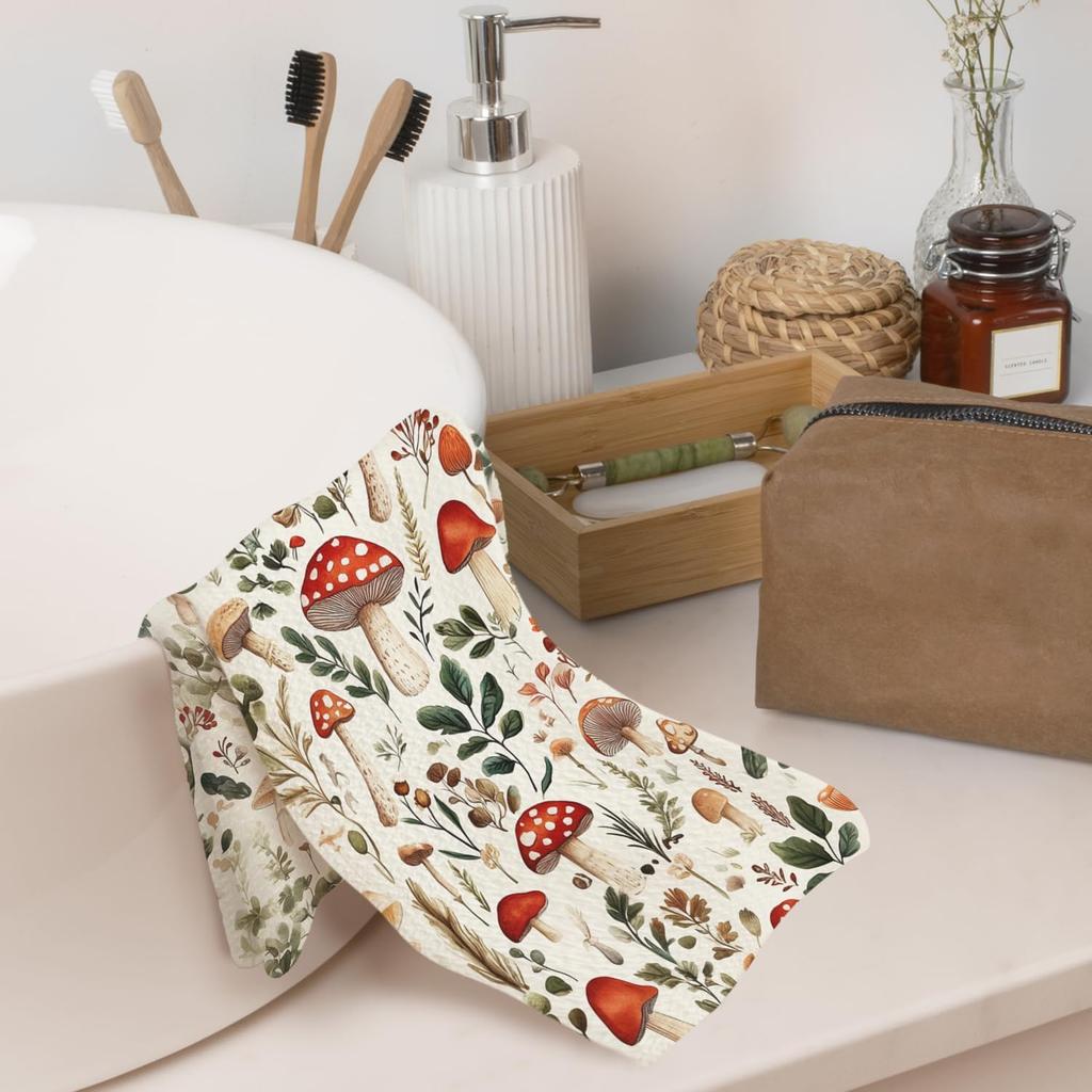 Cottagecore Mushroom Kitchen Towels Decorative, Farmhouse Wildflower Botanical Dish Hand Tea Towels, Rustic Mushroom Kitchen Bathroom Decor, 16x24
