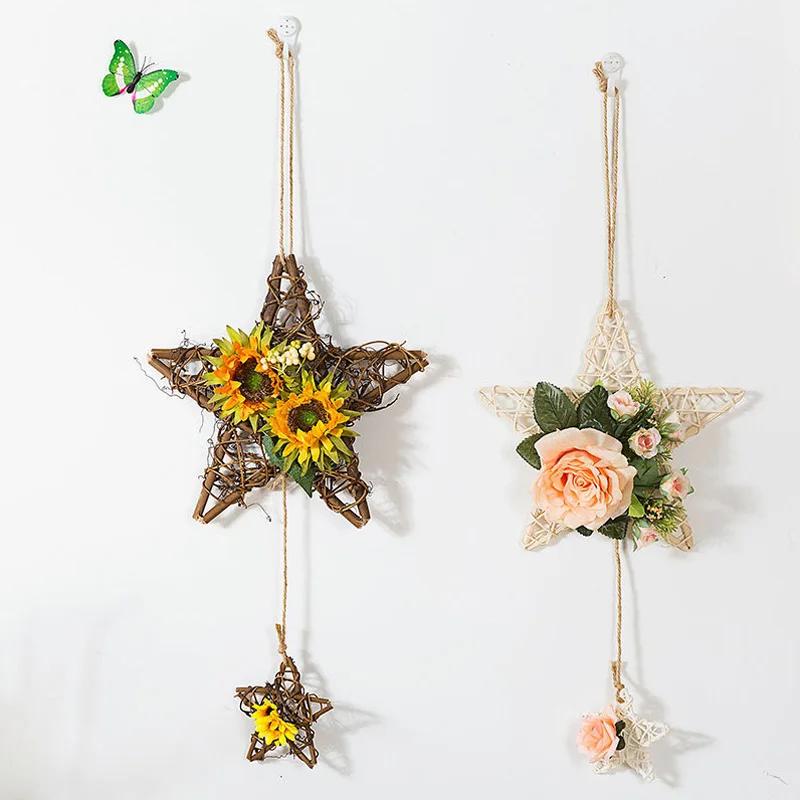Five Pointed Star Vine Circle Wall Decoration Simulation Flower Pendant Decoration Creative Bedroom Living Room decor Aesthetic